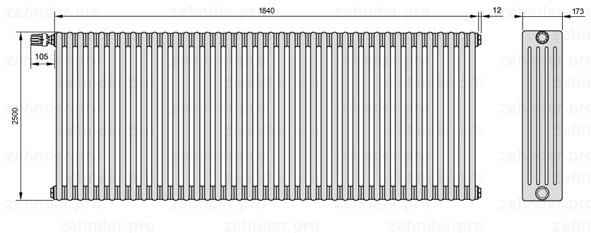 Схема (чертеж) Радиатор Zehnder Charleston 5250/40 №V012 Белый глянцевый RAL 9016